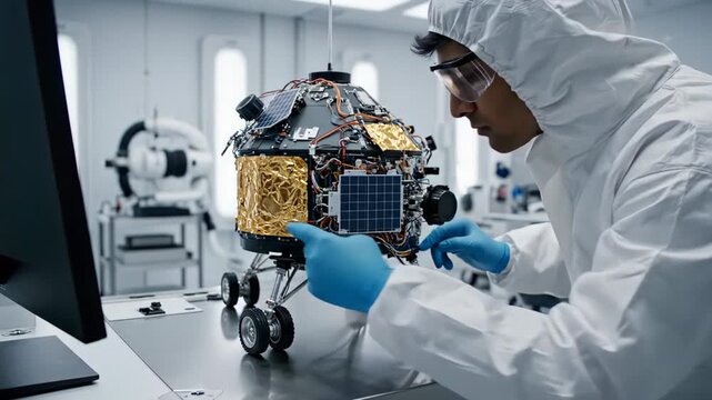 Engineer in Cleanroom Suit Inspecting Advanced Small Satellite Rover Prototype in Research Laboratory