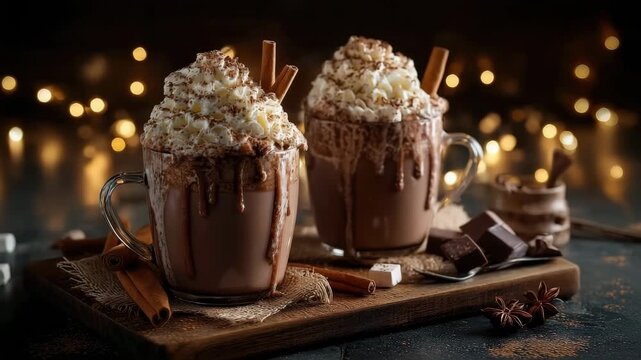 A cozy still life featuring two mugs of decadent hot chocolate with whipped cream and cinnamon sticks.