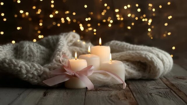 A cozy winter scene featuring lit white candles adorned with a pink ribbon and a chunky knit blanket