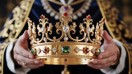 Person wearing royal attire holding a majestic golden crown adorned with precious gems and jewels in their hands symbolizing royalty and power perfectly captured in a stunning visual representation of