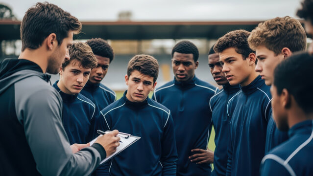 Young athletes gathered around coach discussing strategy on sports field