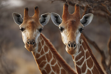 Obraz premium Two giraffe heads close up with detailed fur patterns and expressive eyes in natural blurred background, showing calm and curious wildlife beauty in safari environment