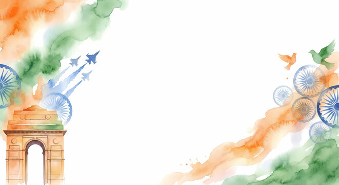 Republic day of india 26 january army patriotic parade, freedom celebration at india gate and festive wishes card background.
