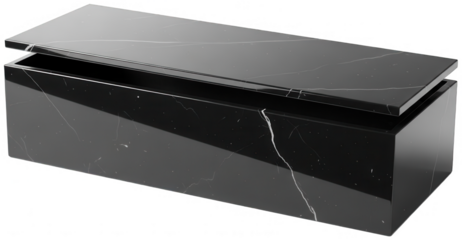 A closed elegant black marble box with distinctive white veins, showcasing its luxurious and minimalist design