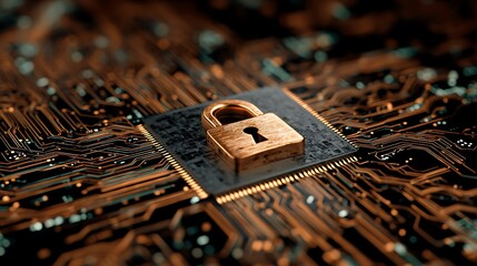 A close-up view of a copper lock placed on a computer chip, surrounded by circuitry