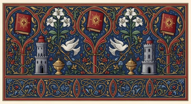 Illuminated manuscript border with doves, lilies, open bible, castle, and thurible. Medieval art concept for religious illustration.