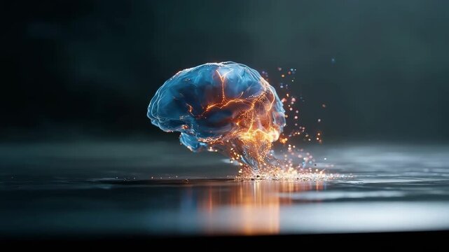 Vibrant blue human brain illuminated with glowing orange energy sparks and light