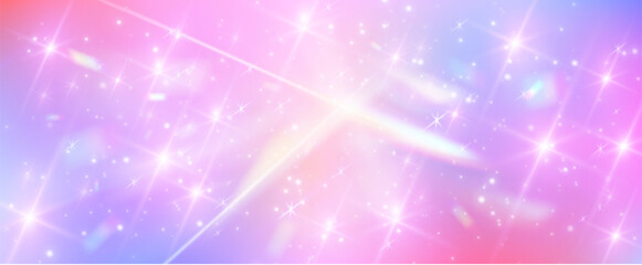 Rainbow gradient background with unicorn sparkles and glittering bokeh. Dreamy princess backdrop with kawaii stars, magical watercolor effect and fairy tale atmosphere for fantasy childish designs. © klyaksun