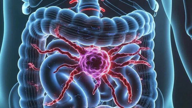 Human Digestive System Anatomy with Tumor Growth Blue Tinted Medical Animation Showing Colon Rectal Cancer with
