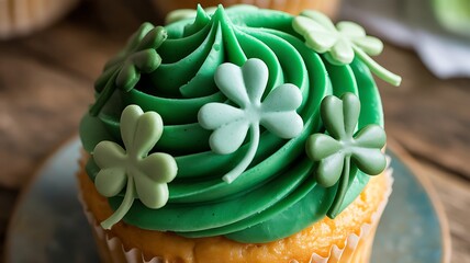 St patrick's day cupcake with green frosting and shamrock decorations for irish holiday celebrations