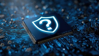 Glowing question mark shield on a microchip, surrounded by a blue circuit board