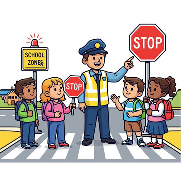 A crossing guard directs children across a school zone street safely