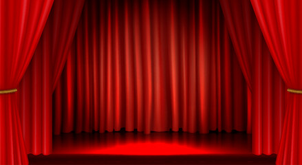 Theater stage with red curtains and spotlight in center. Vector realistic illustration of empty floor ready for concert, art show, performance or award ceremony, luxury textile drape decoration