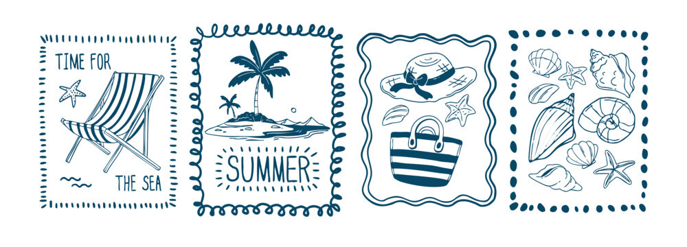 Summer beach sketch stamps set. Vector illustration of tropical island with palm tree, bag, hat, chaise lounge and seashells in blue wavy doodle frames, hand drawn vintage holiday postcard design