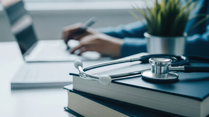 A stethoscope rests on textbooks with a person studying at a desk in an office environment.