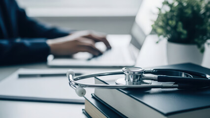 A person types on a laptop next to a stethoscope on medical books and documents in a bright office setting with a plant.