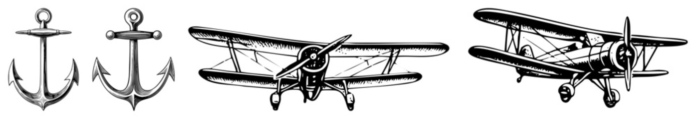 anchors and biplanes vintage vector set