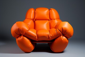 Modern orange armchair with inflatable looking upholstery standing in a gray studio