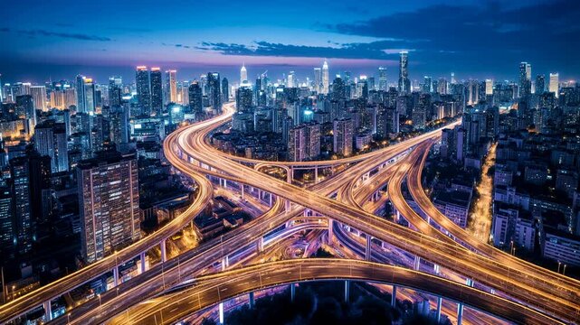 Aerial blue‑hour skyline with intricate cloverleaf interchange glowing like circuitry, powerful metaphor for connectivity, shipping, and night‑time productivity in technology and transport content.