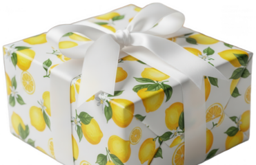 Lemon pattern gift box wrapped in white ribbon viewed from angle