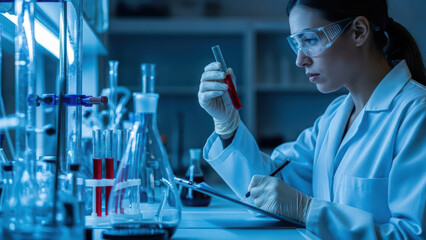A woman in a lab setting examines a test tube with various equipment and glassware nearby.