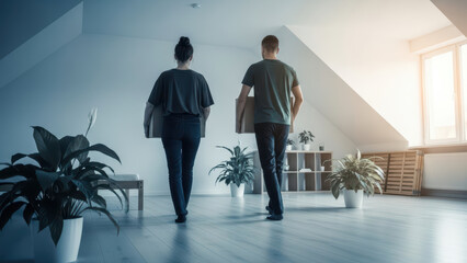 Two people walk through a brightly lit room with plants and a slanted ceiling together.