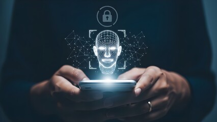 Close-up of a person's hands holding a smartphone with a facial recognition interface and lock icon projected above it in a dark room with a futuristic mood.