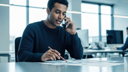A man in a dark blue sweater sits at a desk talking on the phone while writing on papers in a modern office environment with computers and large windows.