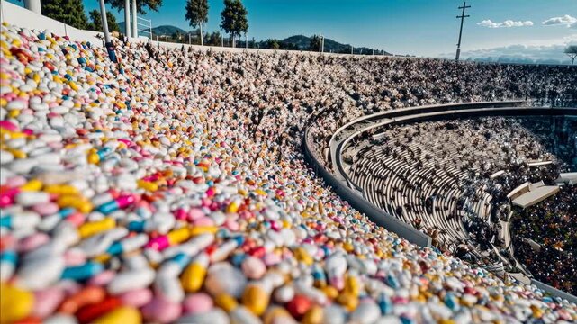 Massive stadium packed with fans while colorful pills cover lower stands portraying conflict between entertainment industry and hidden doping epidemic in sports