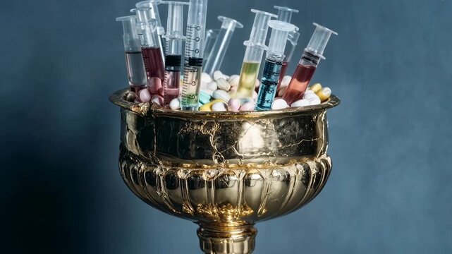 Golden trophy cup holds syringes filled with colorful liquids symbolizing victory tainted by doping medical manipulation and unethical sports practices