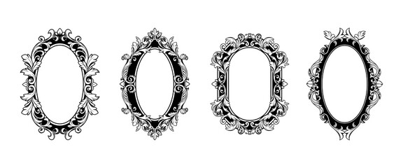 Ornate baroque flourish frame set with vintage oval border and decorative Victorian ornament. Elegant antique filigree design with intricate floral motifs for wedding invitations or mirror frames.