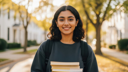 A young woman with olive skin tone and dark curly hair smiling while holding books on a suburban street with trees and houses.