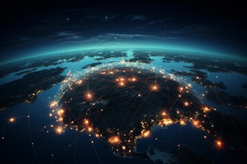 Global communication network connecting cities across planet earth at night, creating a web of glowing lines and bright spots