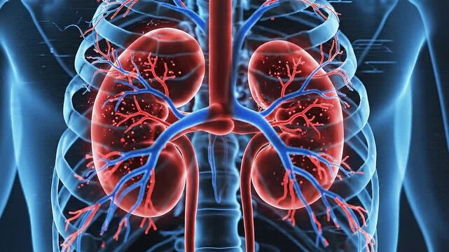 Human Kidney Anatomy Illustration Showing Structure And Veins Over Blue Transparent Ribcage Skeleton And Dark
