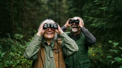 Happy senior couple in forest uses binoculars to watch birds enjoying active retirement nature exploration and shared outdoor hobby - Powered by Adobe