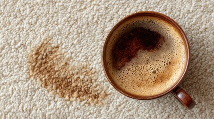 a cup of coffee and a dirty stain on the carpet