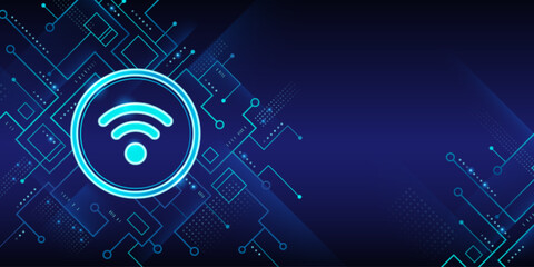 Cyber security concept with glowing wifi icon in circular frame on dark blue backdrop. Digital network illustration with neon wireless symbol surrounded by circuit board elements and tech patterns.