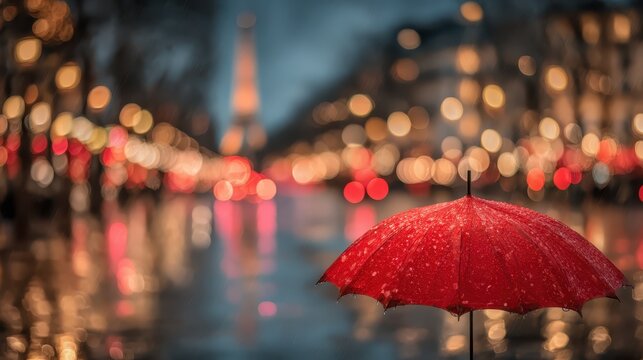 Red umbrella on rainy paris street with bokeh lights