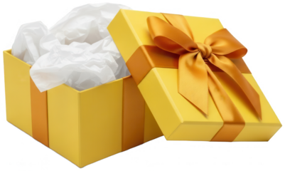Square yellow gift box with golden ribbon bow and crumpled white paper filling