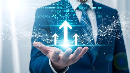 Close-up of a businessman in a blue suit presenting three upward arrows in his hand with a futuristic interface and network connections in the background.
