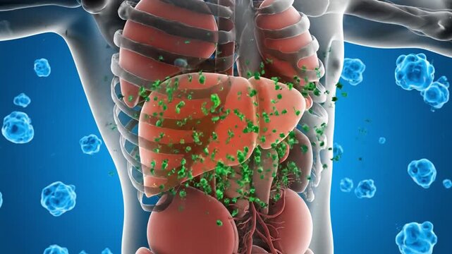 3D medical render of liver detoxification process