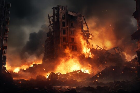 Blazing fire engulfing destroyed buildings in war torn city under dark, apocalyptic sky