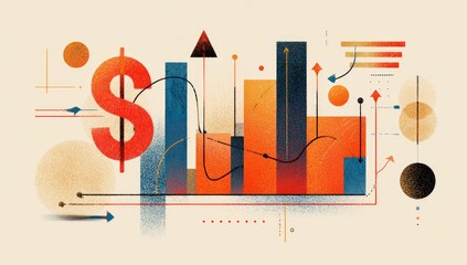Stylized graphic depicts financial data analysis with a dollar sign, graphs, and abstract elements