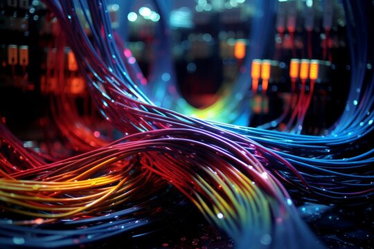 Illuminated wires transmitting data in a server room, showcasing advanced network infrastructure and technological connectivity - Powered by Adobe