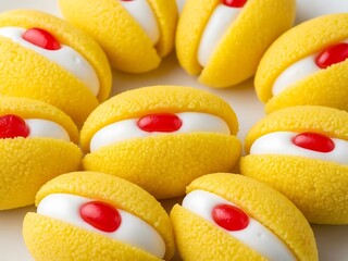 Sweet lemon cookies with white cream and red jelly centers