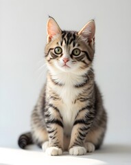 Obraz premium Cute tabby kitten sitting calmly and looking at the camera, isolated on a clean light background. Perfect for pet, animal, cute, and lifestyle concepts.