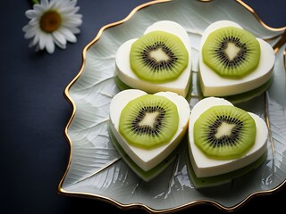 Heart shaped kiwi mousse dessert on decorative leaf plate