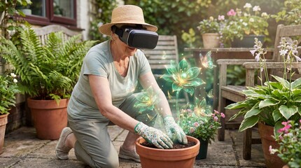Senior woman gardening with glowing holographic augmented reality plants and butterflies in real garden pot