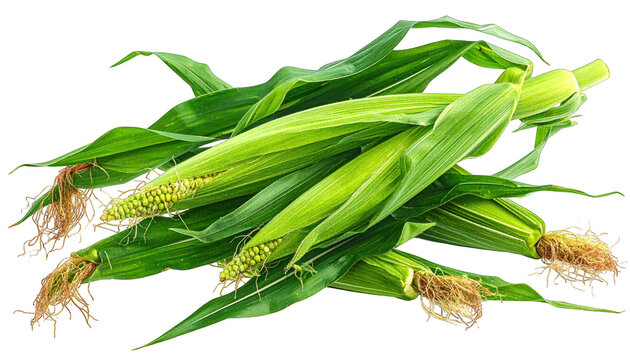Freshly harvested ears of corn with vibrant green leaves and silky corn silk