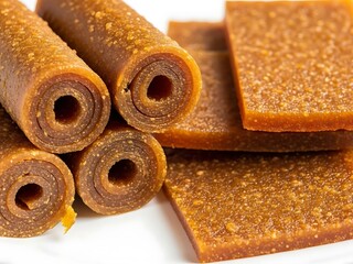 Dried fruit leather rolls and sheets on white background